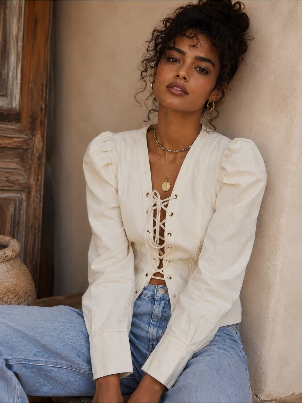 Free People Ivory Lace-Up Corset Puff Sleeve Cream Blouse Cottagecore Prairie M